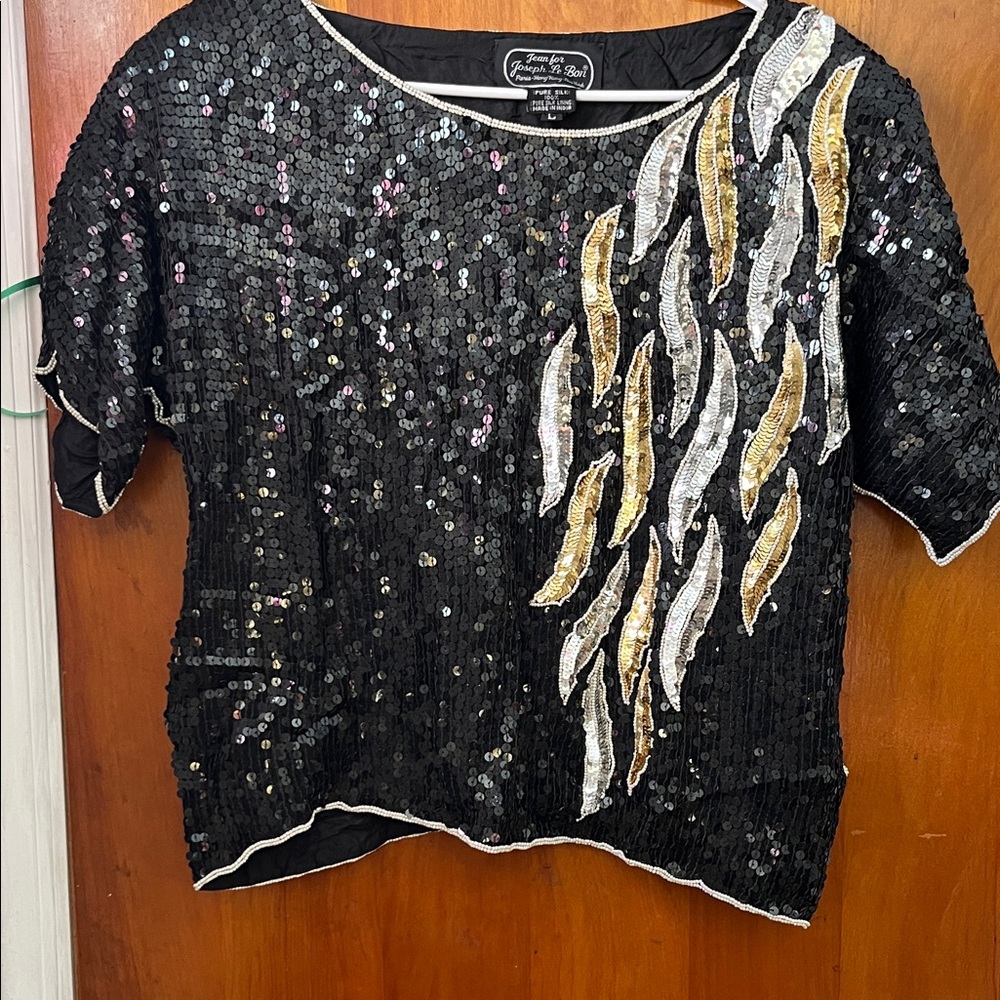 Oleg Cassini Black Sequin Blouse with Gold and Silver Details